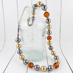 Premier Designs VTG Faux Pearl & Amber Crystal Statement Necklace